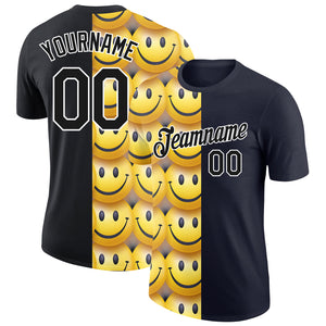 Custom Black Gold-White 3D Pattern Design Smile Emoji Performance T-Shirt