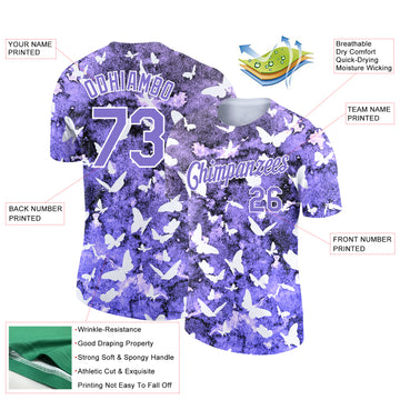 Custom Medium Purple White 3D Pattern Design Butterfly Performance T-Shirt