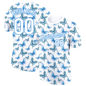 Custom White Powder Blue 3D Pattern Design Butterfly Performance T-Shirt