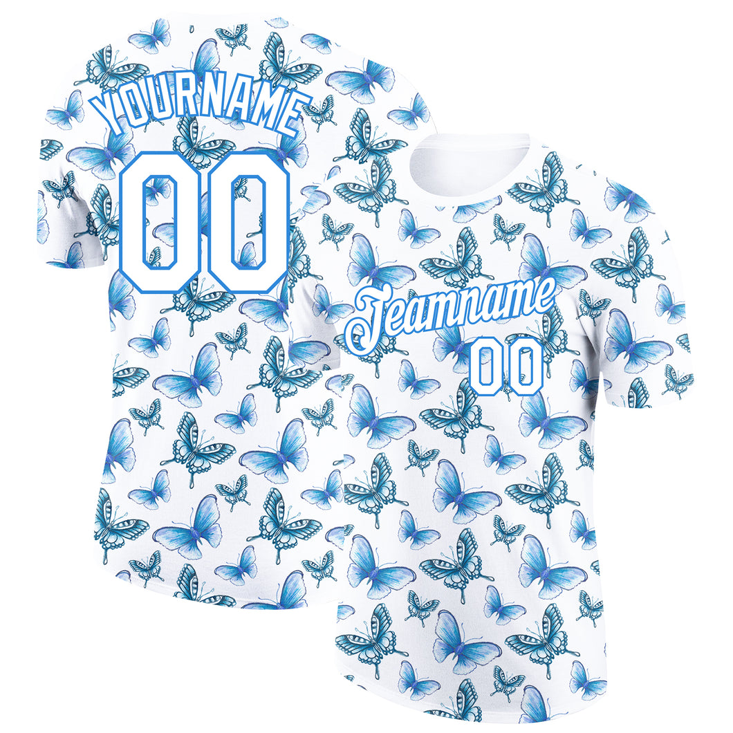 Custom White Powder Blue 3D Pattern Design Butterfly Performance T-Shirt