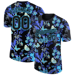 Custom Black Sky Blue 3D Pattern Design Flower With Butterfly Performance T-Shirt