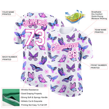 Custom White Pink 3D Pattern Design Butterfly Performance T-Shirt