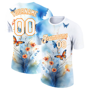 Custom White Bay Orange 3D Pattern Design Flower With Butterfly Performance T-Shirt