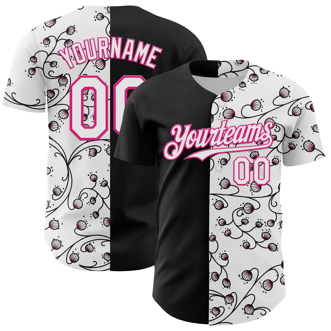 Custom Black White-Hot Pink 3D Pattern Design Vintage Tattoos Authentic Baseball Jersey