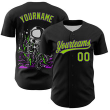 Load image into Gallery viewer, Custom Black Neon Green-Purple 3D Halloween Authentic Baseball Jersey
