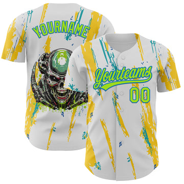 Custom White Neon Green-Blue 3D Halloween Authentic Baseball Jersey