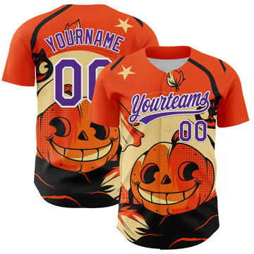 Custom Orange Purple-White 3D Halloween Authentic Baseball Jersey