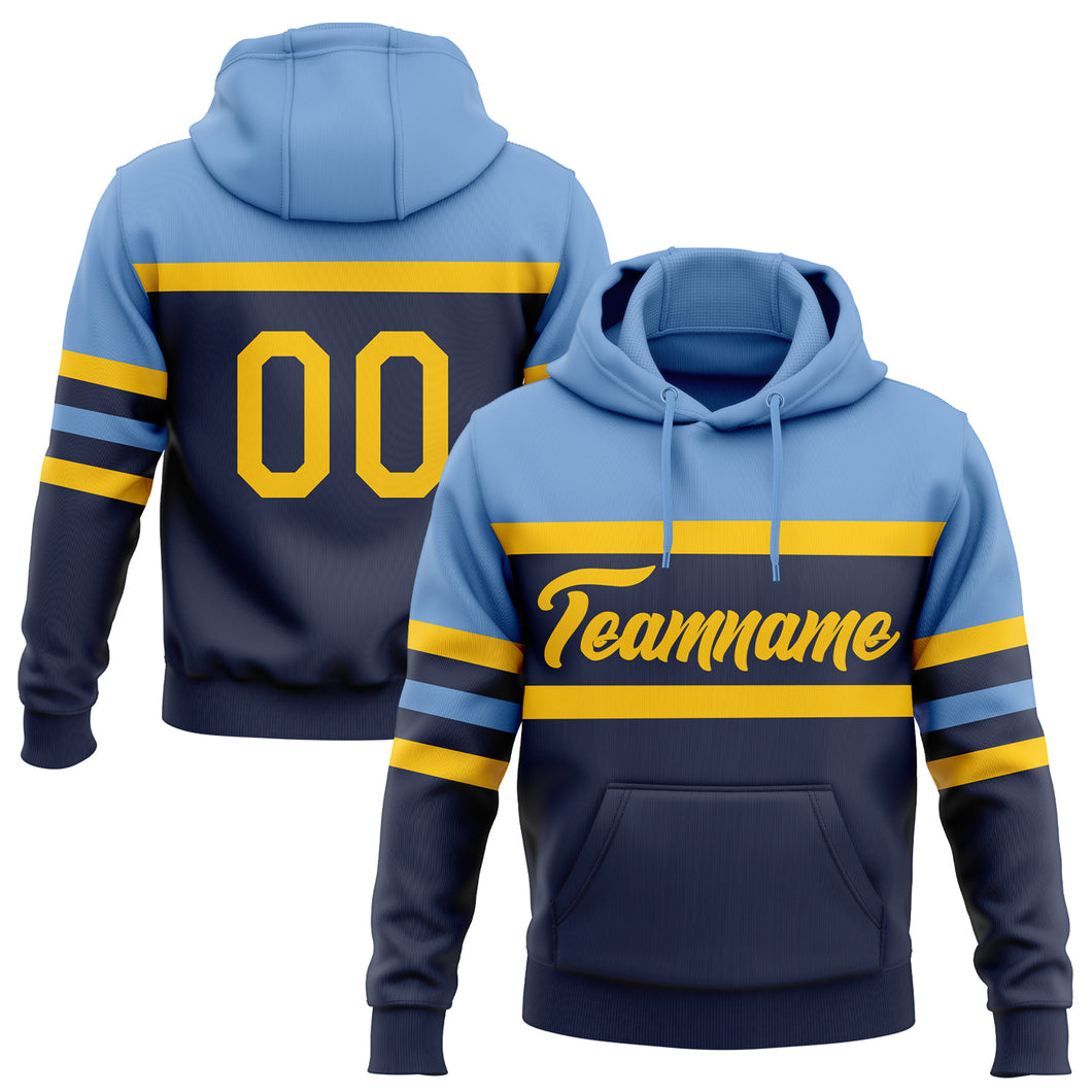 Custom Stitched Navy Yellow-Light Blue Line Sports Pullover Sweatshirt Hoodie