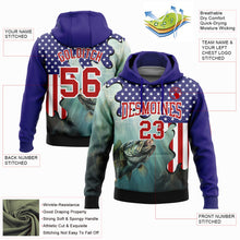 Load image into Gallery viewer, Custom Stitched Dark Purple Red-White 3D American Flag And Largemouth Bass Fish Fishing Sports Pullover Sweatshirt Hoodie
