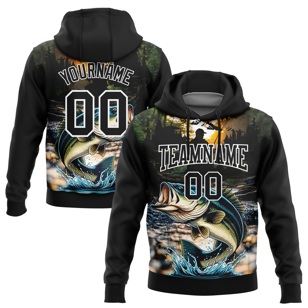 Custom Stitched Black White 3D Largemouth Bass Fish Fishing Sports Pullover Sweatshirt Hoodie