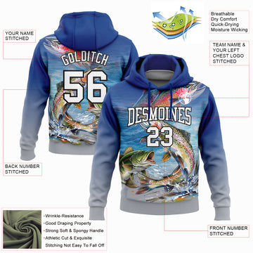 Custom Stitched Royal Light Gray-Black 3D Rainbow Trout And Largemouth Bass Fish Fishing Sports Pullover Sweatshirt Hoodie