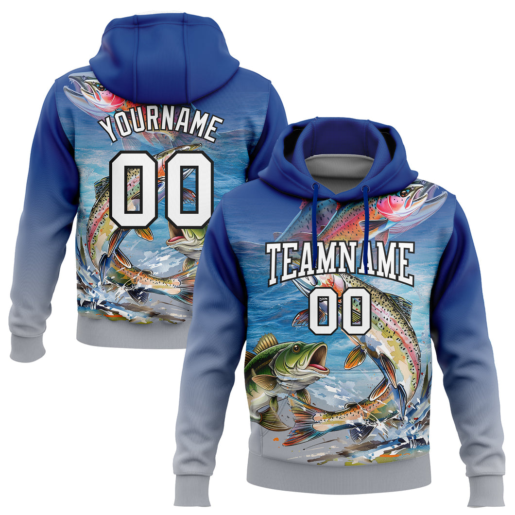 Custom Stitched Royal Light Gray-Black 3D Rainbow Trout And Largemouth Bass Fish Fishing Sports Pullover Sweatshirt Hoodie