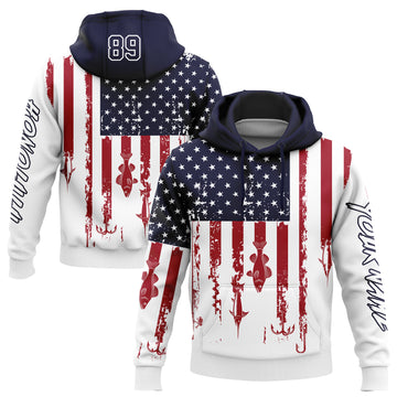 Custom Stitched White Navy-Red 3D American Flag And Fish Hook Fishing Sports Pullover Sweatshirt Hoodie