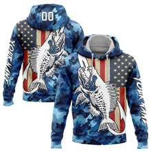 Load image into Gallery viewer, Custom Stitched Camo White-Black 3D American Flag And Fish Hook Skull Fishing Sports Pullover Sweatshirt Salute To Service Hoodie
