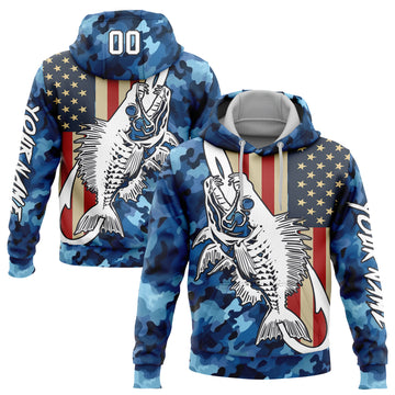 Custom Stitched Camo White-Black 3D American Flag And Fish Hook Skull Fishing Sports Pullover Sweatshirt Salute To Service Hoodie