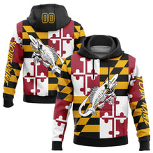 Load image into Gallery viewer, Custom Stitched Gold Black-Red 3D Maryland Flag And Fish Hook Skull Fishing Sports Pullover Sweatshirt Hoodie
