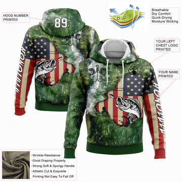 Custom Stitched Aurora Green White-Black 3D American Flag And Largemouth Bass Fish Fishing Sports Pullover Sweatshirt Hoodie