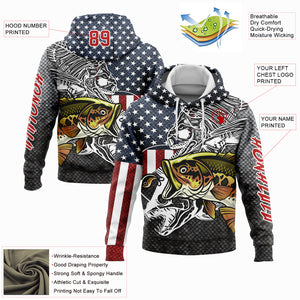 Custom Stitched Navy Red-Steel Gray 3D American Flag And Striped Bass Fish Fishing Sports Pullover Sweatshirt Hoodie