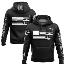 Load image into Gallery viewer, Custom Stitched Black White 3D American Flag And Fish Hook Fishing Sports Pullover Sweatshirt Hoodie
