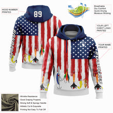 Load image into Gallery viewer, Custom Stitched White US Navy Blue Red-Black 3D American Flag And Fish Hook Fishing Bait Sports Pullover Sweatshirt Hoodie
