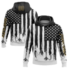 Load image into Gallery viewer, Custom Stitched Black Old Gold-White 3D American Flag And Fish Hook Fishing Bait Sports Pullover Sweatshirt Hoodie
