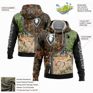 Custom Stitched Camo Black-White 3D Deer And Impala Gun Hunting Sports Pullover Sweatshirt Hoodie