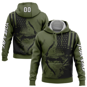 Custom Stitched Olive White-Black 3D American Flag And Bow Hunter Hunting Sports Pullover Sweatshirt Hoodie