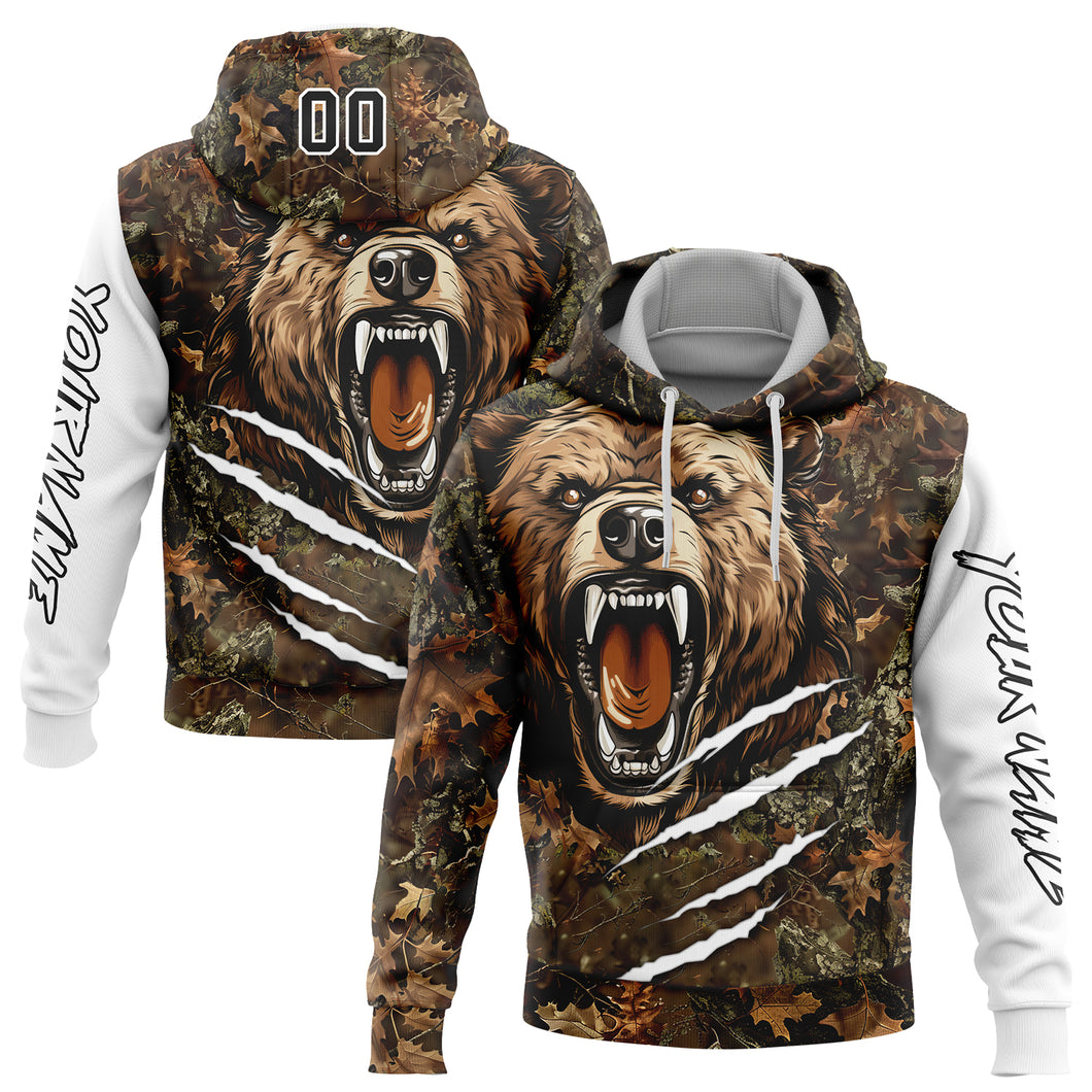 Custom Stitched Camo Black-White 3D Bear Hunting Sports Pullover Sweatshirt Hoodie