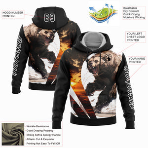 Custom Stitched Black White 3D Bear Hunting Sports Pullover Sweatshirt Hoodie