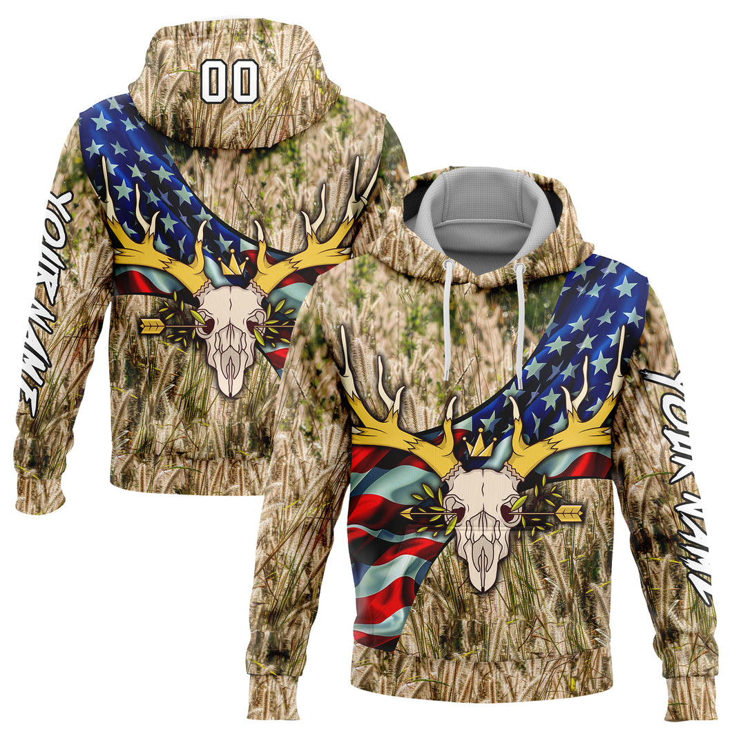 Custom Stitched City Cream White-Black 3D American Flag And Deer Skull Hunting Sports Pullover Sweatshirt Hoodie