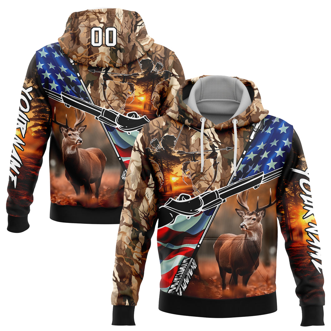 Custom Stitched Camo White-Black 3D American Flag And Hunting Tools Deer Hunting Sports Pullover Sweatshirt Hoodie