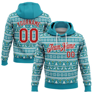 Custom Stitched Midnight Green Red-White 3D Christmas Sports Pullover Sweatshirt Hoodie