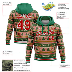 Custom Stitched Kelly Green Red-White 3D Christmas Sports Pullover Sweatshirt Hoodie