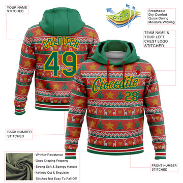 Custom Stitched Red Kelly Green-Gold 3D Christmas Sports Pullover Sweatshirt Hoodie