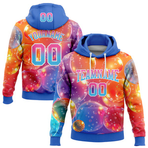 Custom Stitched Orange Pink Sky Blue-Thunder Blue Fade 3D Pattern Design Colorful Bubbles Sports Pullover Sweatshirt Hoodie