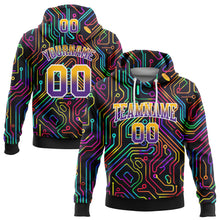 Load image into Gallery viewer, Custom Stitched Black Gold-Purple Fade 3D Pattern Design Colorful Line Shapes Sports Pullover Sweatshirt Hoodie
