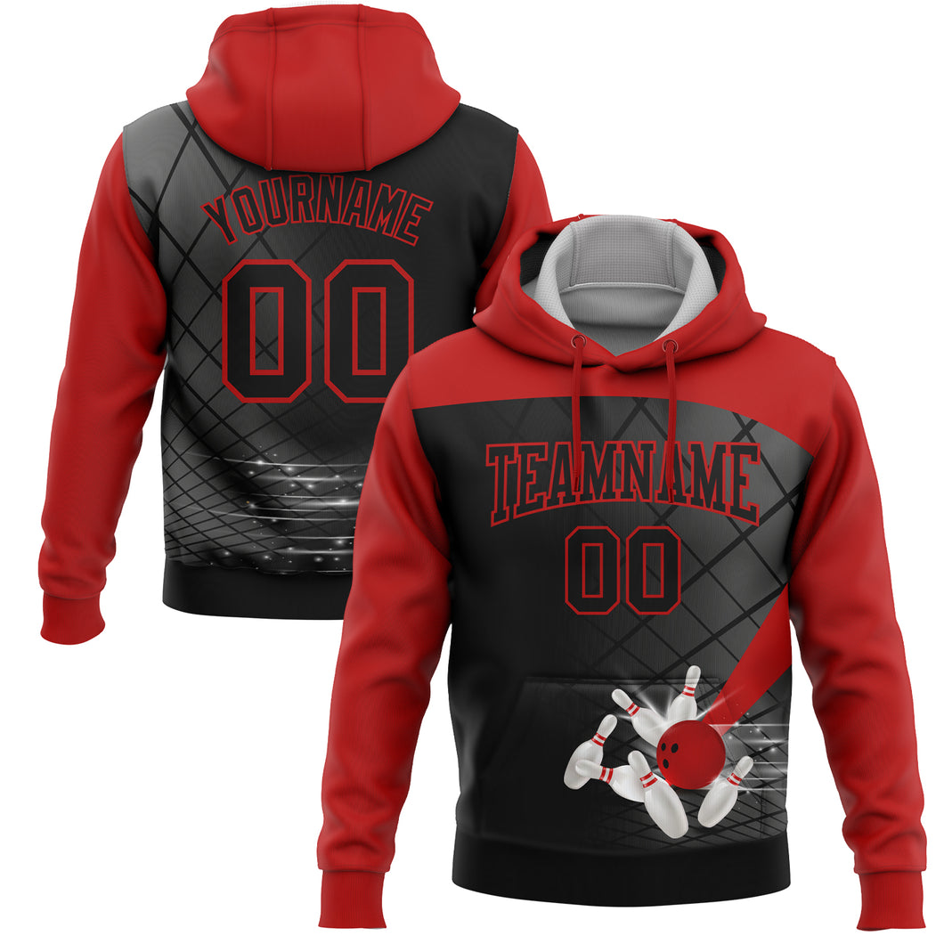 Custom Stitched Black Red 3D Bowling Sports Pullover Sweatshirt Hoodie