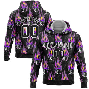 Custom Stitched Black White-Purple 3D Flame Billiard Snooker 8 Ball Sports Pullover Sweatshirt Hoodie