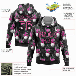 Custom Stitched Black Pink-White 3D Flame Golf Ball Sports Pullover Sweatshirt Hoodie