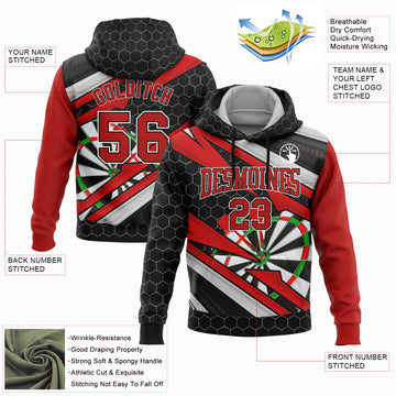 Custom Stitched Black Red-White 3D Dart Board Sports Pullover Sweatshirt Hoodie