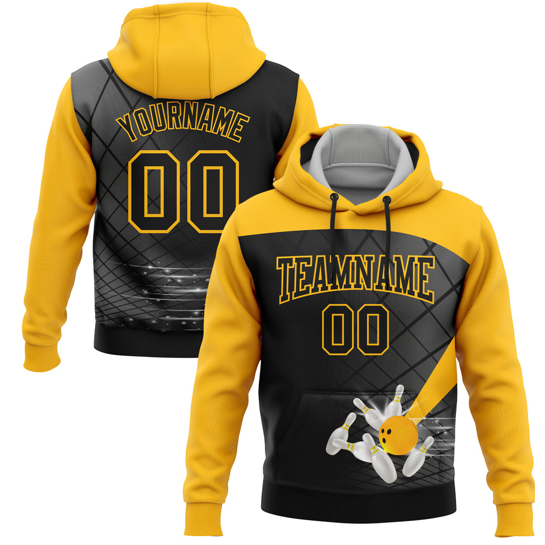 Custom Stitched Black Gold 3D Bowling Sports Pullover Sweatshirt Hoodie