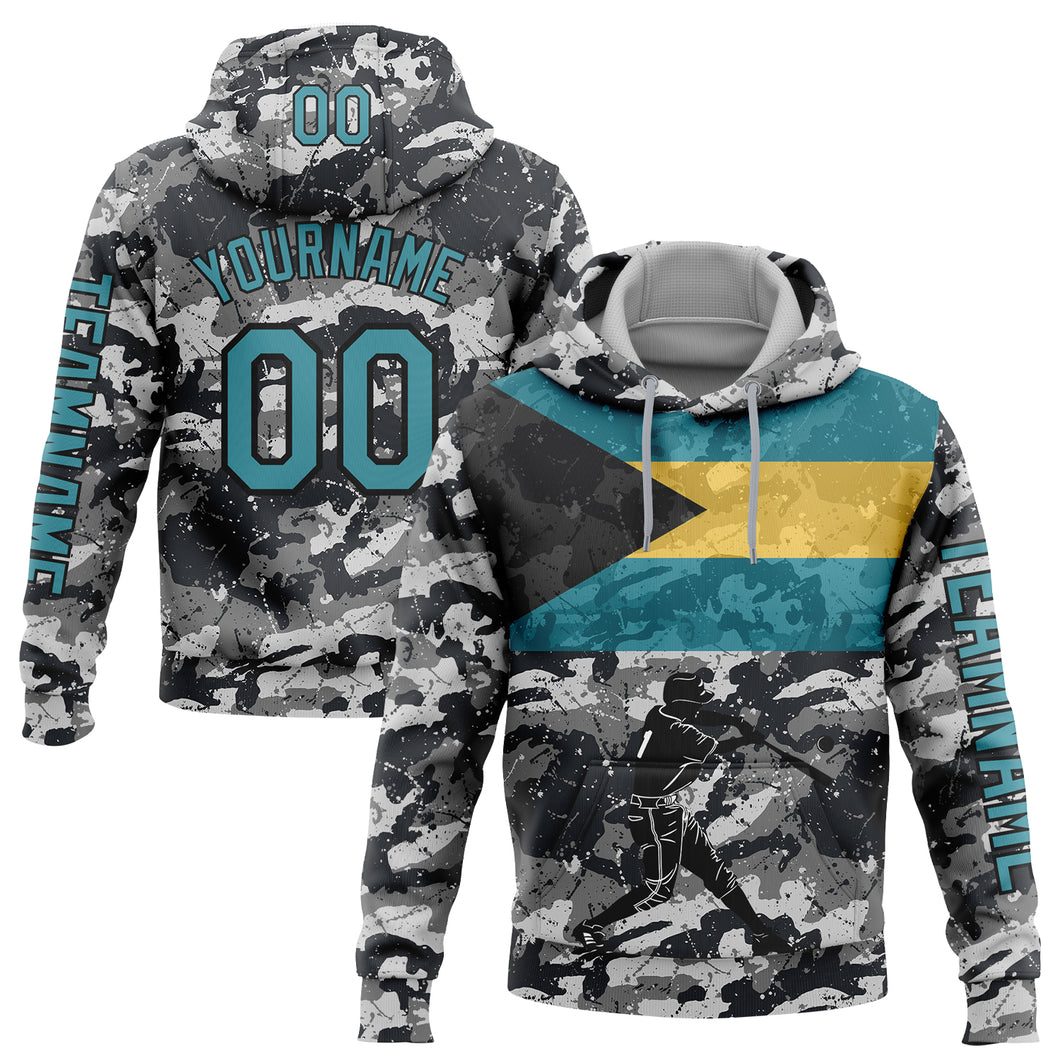 Custom Stitched Camo Teal-Black 3D Bahamas Bahamian Flag Sports Pullover Sweatshirt Salute To Service Hoodie