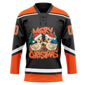 Custom Black Orange-White Funny Christmas 3D Hockey Lace Neck Jersey