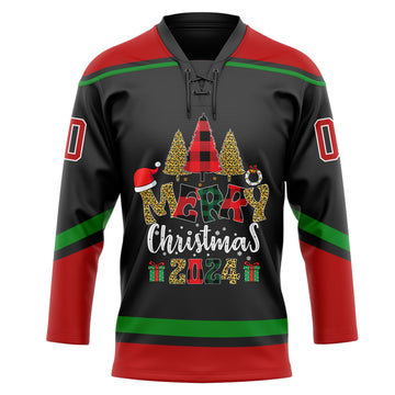 Custom Black Red-Grass Green Funny Christmas 3D Hockey Lace Neck Jersey