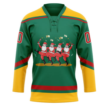 Custom Kelly Green Red-Gold Funny Christmas 3D Hockey Lace Neck Jersey