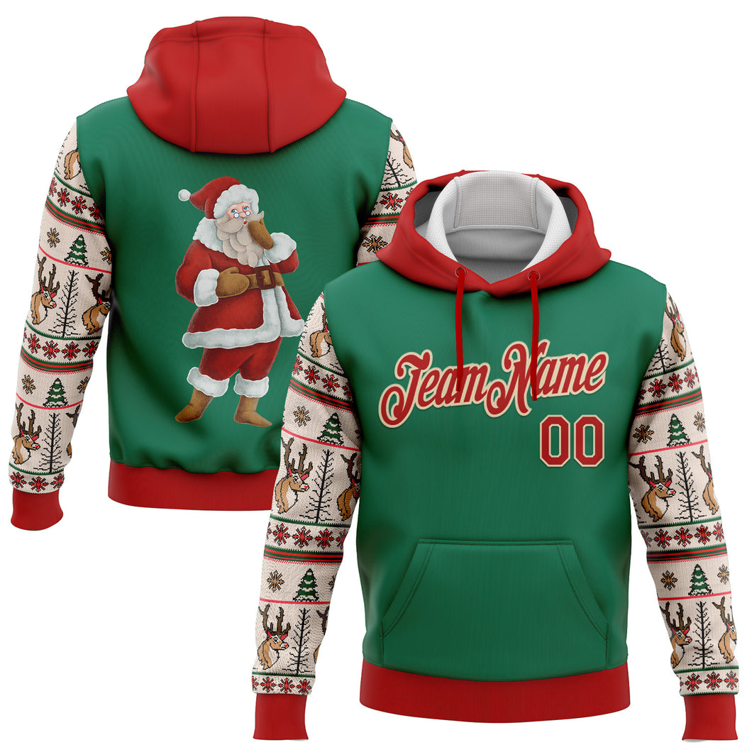 Custom Stitched Kelly Green Red-Cream Christmas 3D Sports Pullover Sweatshirt Hoodie