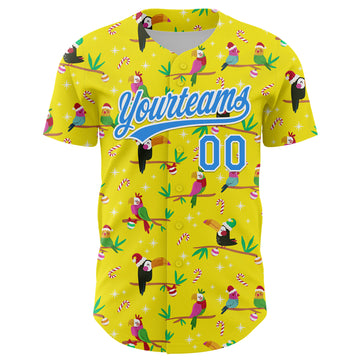 Custom Light Yellow Electric Blue-White 3D Funny Christmas Authentic Baseball Jersey