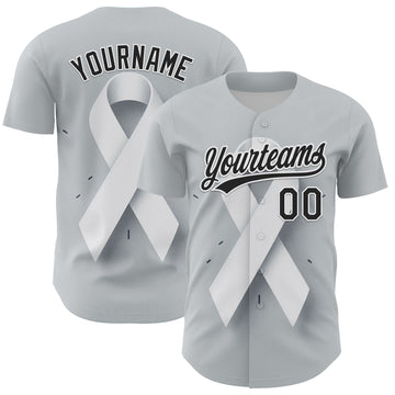 Custom Gray Black White 3D Lung Cancer Ribbon Authentic Baseball Jersey