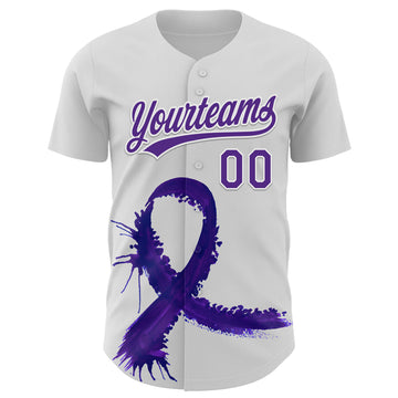 Custom White Purple 3D Testicular Cancer Ribbon Authentic Baseball Jersey