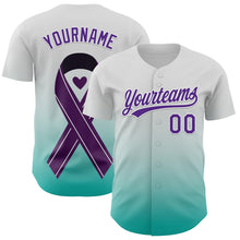 Load image into Gallery viewer, Custom White Purple-Aqua 3D Testicular Cancer Ribbon Authentic Baseball Jersey
